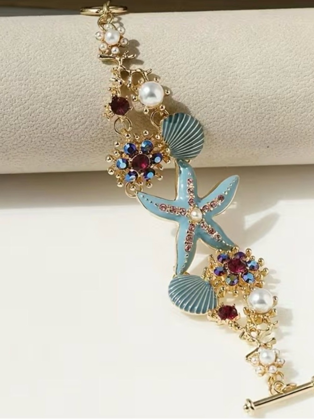 Gold-Tone Sea Star Bracelet with Light Blue or Pink Enamel and Pearls